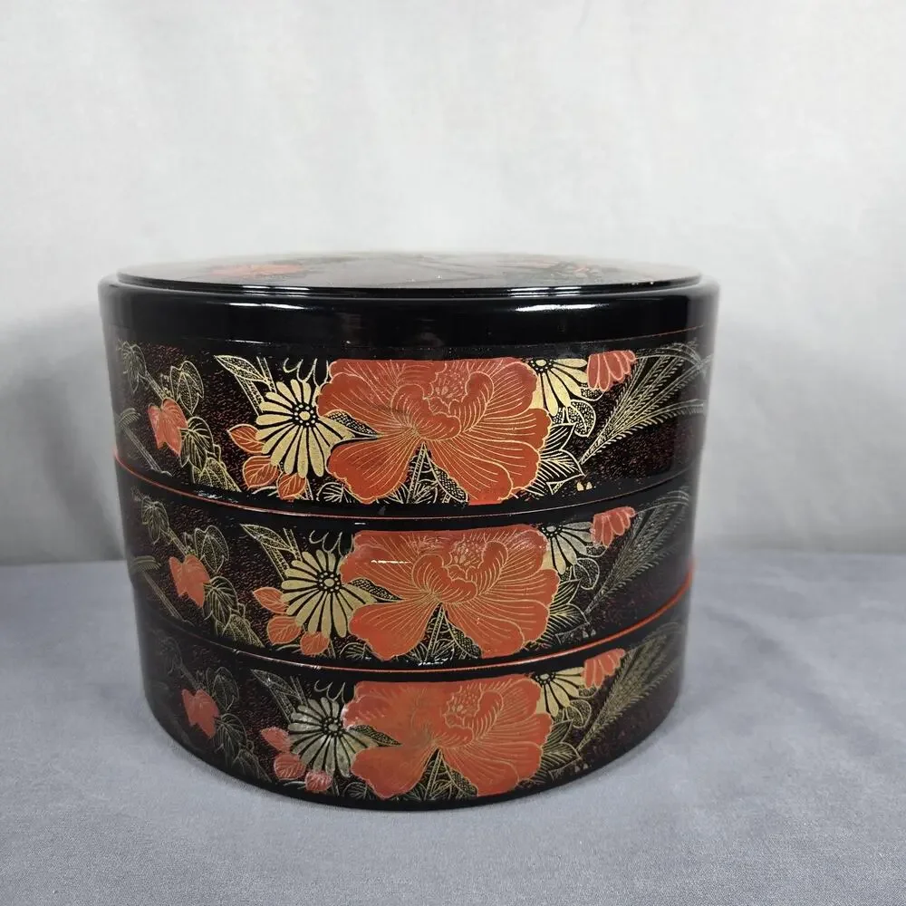 Japanese Lacquer Style Stacking Box Set Floral 3 Tier Red Black Decorative Round